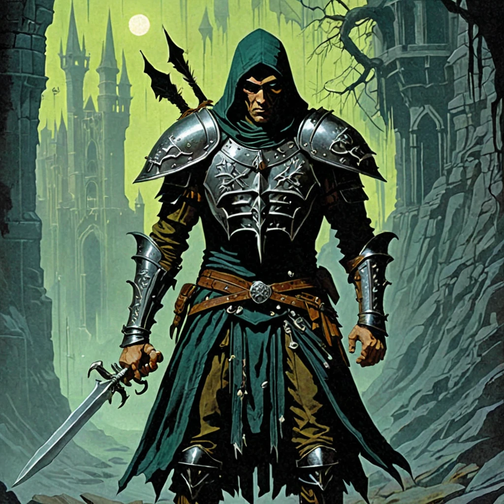 Level 6 Human Rogue, Male, Assassin, Chaotic Good, Criminal background, Equipped with: two daggers, a short sword and a quiver of arrows. (DnD_Grainyboyz, grainy, noise, 1970's dark fantasy book cover paper art, dungeons and dragons style drawing,, famous artwork by (gerald brom:1.3) and (wayne reynolds:1.2) and (lars grant-west:1.2) and (carl frank:1.3), detailed expressive eyes, fantasy style,)