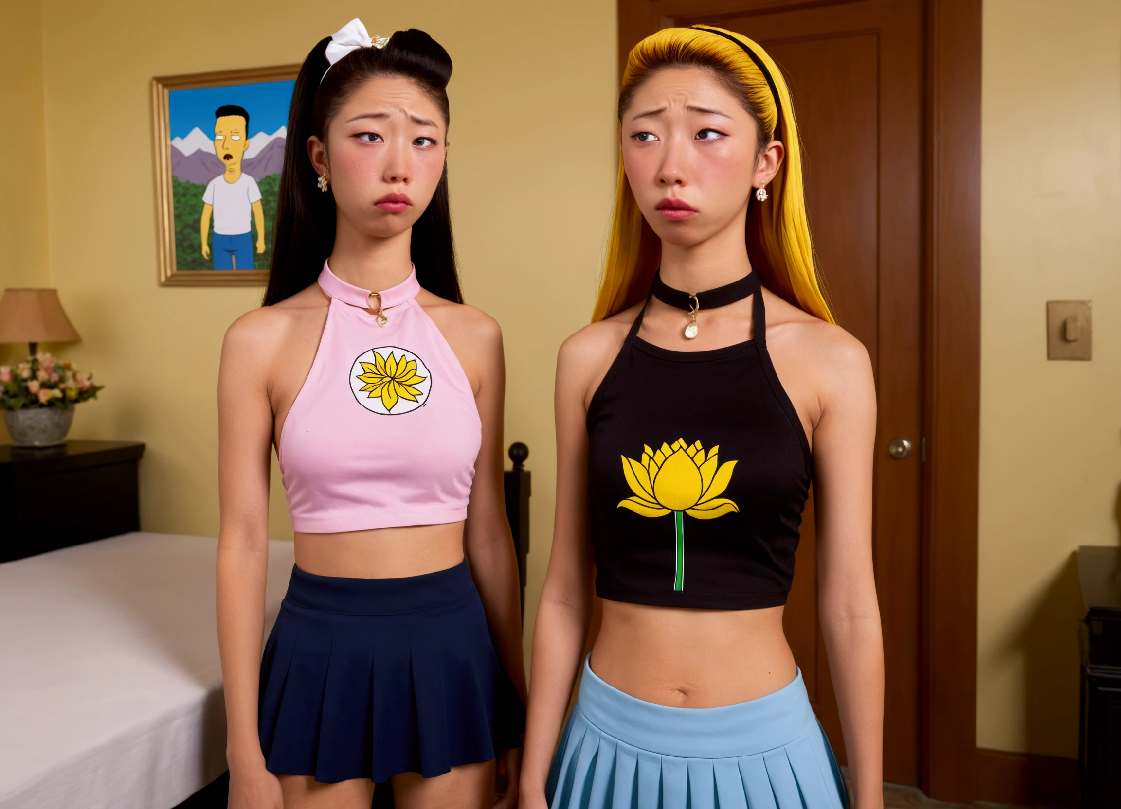 hyper realistic, perverts Beavis and Butthead offering a cute yuna (sad, disgusted, age 25, halter top, mini skirt) a lotus flower, funeral parlor
