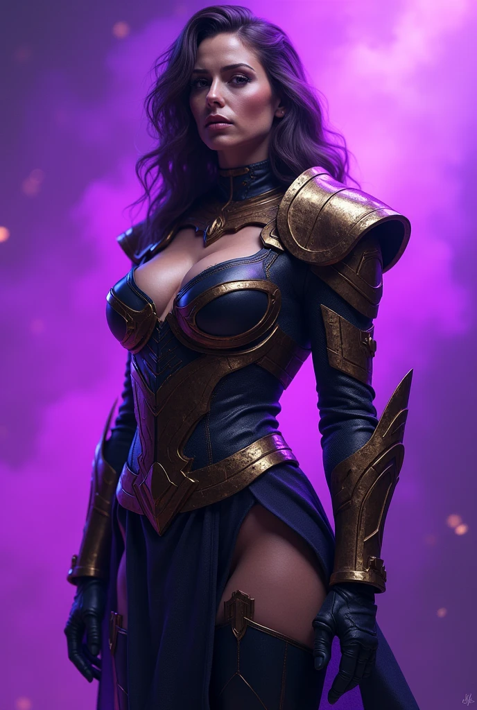 A beautiful woman Zarda Shelton aka power Princes is a tall Caucasian woman with a muscular physique and body and brown hair, Long and flowing, reaching down to her back. She wears a tight, purple battle corset and armor that accentuates her figure through the costume.. She also wears a headband in her silver hair.