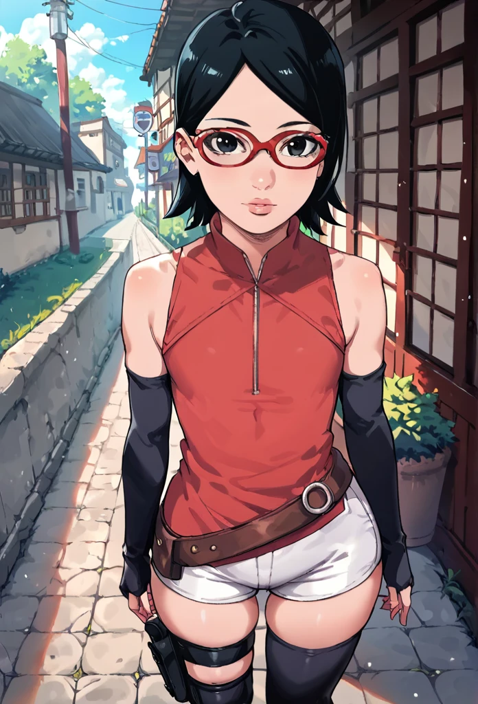 score_9_up, score_8_up, score_7_up, score_6_up, score_5_up, score_4_up, ,zPDXL2, solo, rating_safe, perfect face, perfect eyes, BBC_Chan Style, Sarada Uchiha, solo, 1girl, black hair, short hair, red-framed eyewear, glasses, black eyes,red dress, sleeveless, elbow gloves, black gloves, fingerless gloves, white shorts, black thighhighs, thigh holster, large round butt, bubble butt ,konohagakure village pathway, flat chest,full lips, very wide hips, thick thighs 