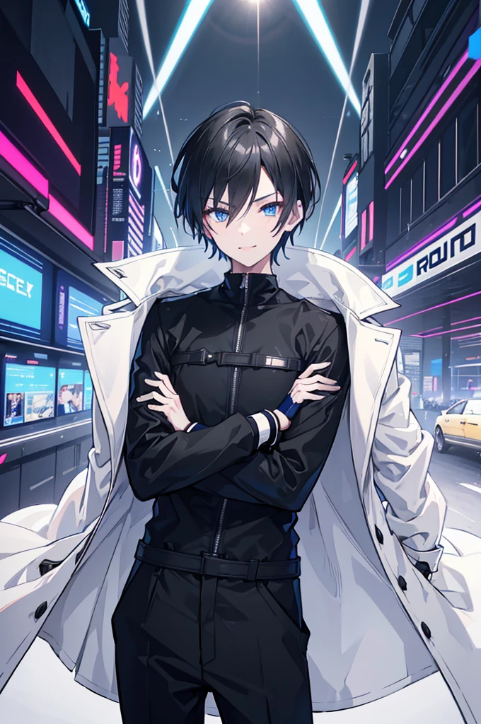 Face_through_torso, 1man, cyberpunk, short_hair(black_hair, hair_between_eyes), sharp_blue_eyes, confident_smile, wearing black hoodie as innerwear, wearing clearly white trench coat, one_hand_in_coat_pocket, mature_male_body_proportions(20s)