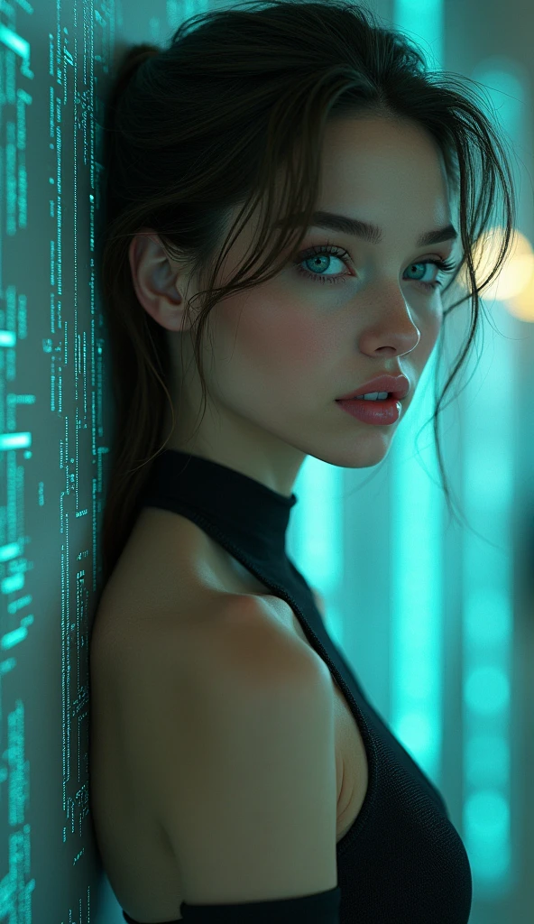 photorealism, realism, movie matrix, cyberpunk game, (naked slim beautiful ideal girl model appearance (girl in frame full length)), Blue eyes, pink lips, Ponytail, The perfect masterpiece.