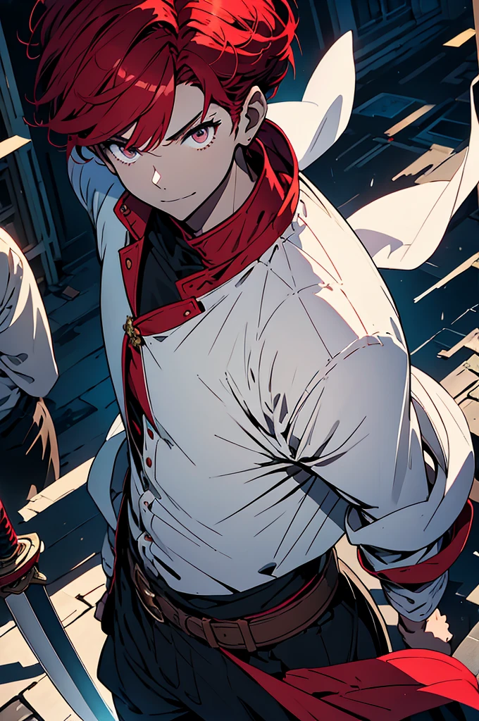 male、Red Hair、short hair、Handsome、Holy Knight、(Giant Sword)、片手にGiant Swordを持っている、Western clothing、Decorative clothing、White clothes、Red Cape、whole body、shoes、Simple Background