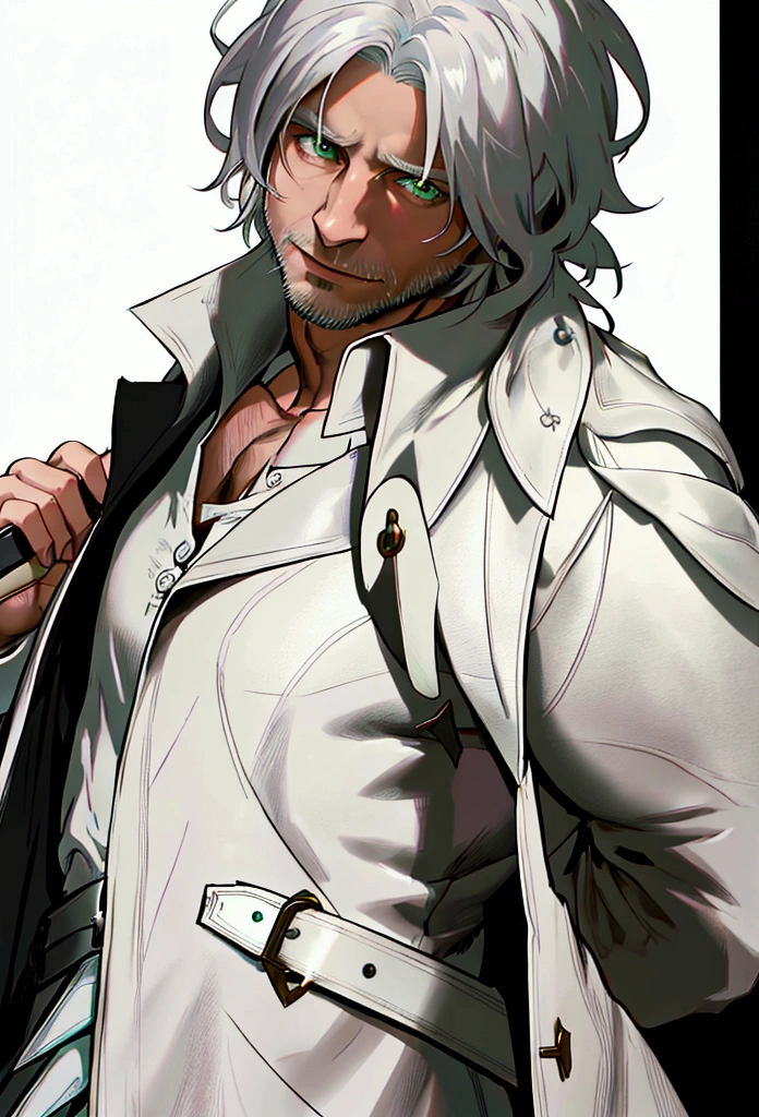 (masterpiece), (Defined details), (best quality), 40 year old man, muscular, green eyes, White hair,  trench coat in white with black trim, holding a sword, (4k)