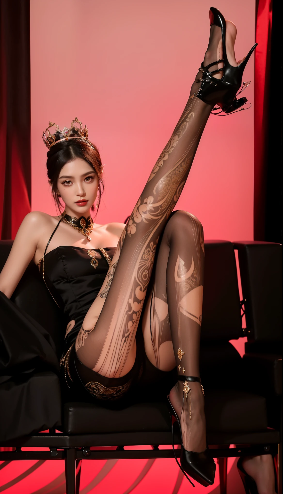 movie portrait photography, 1girl, 27 years old,correct body structure, perfect body, fair skin, pretty face, detailed face, blush, face, maid hair ornament, charming body, slim, wide hips, thin waist, high fork gymnastic suit, black bra, black lace panties, busty & deep, black pantyhose, long legs, no skirt, stockings, thigh stockings, standing on bench with full body photo, leg focus, fair skin with bare shoulder length, serenity, calm, (realistic details, Natural skin texture, realistic face details), soft dramatic lighting, fine details, surrealism, 35mm film, 16k, peony, rose, cherry blossom, rainforest, lots of flowers, juice:1.3), on back, from behind