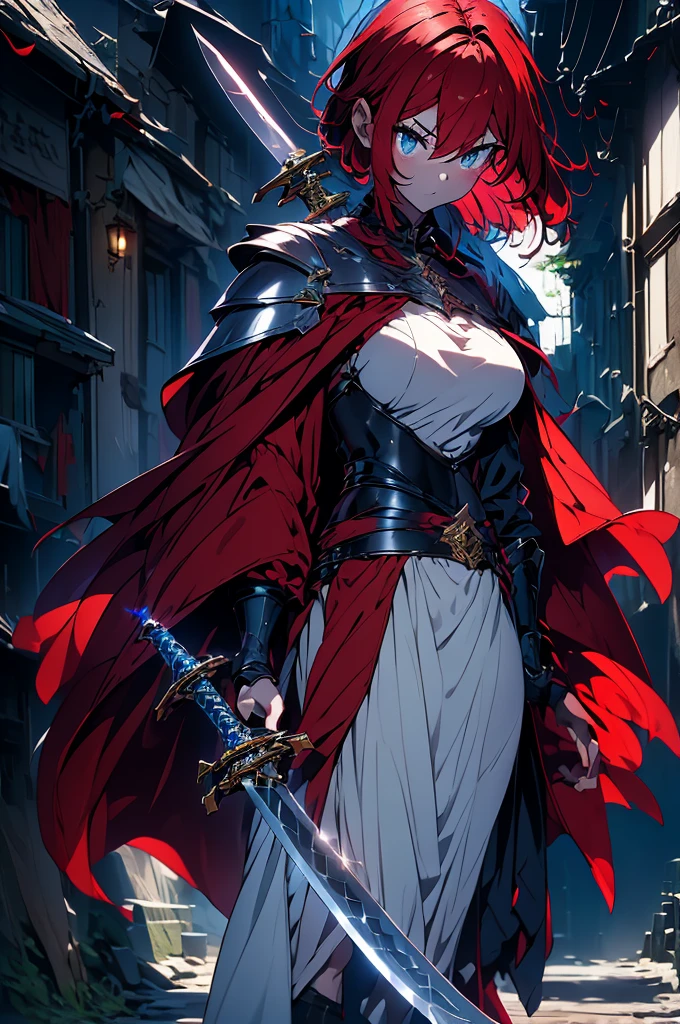 male、Red Hair、short hair、Handsome、Holy Knight、(Giant Sword)、片手にGiant Swordを持っている、Western clothing、Decorative clothing、White clothes、Red Cape、whole body、shoes、Simple Background