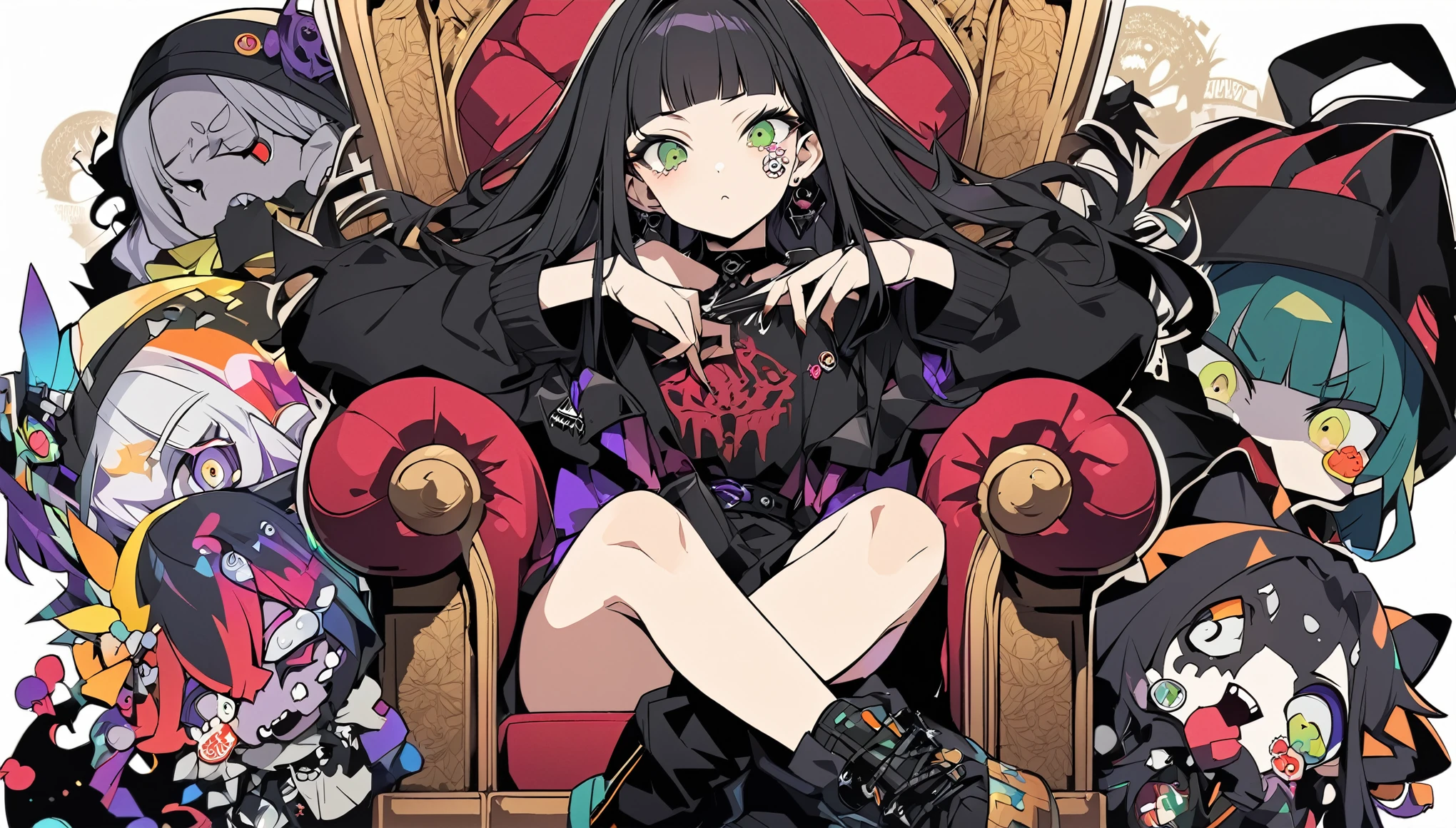 Black Hair、Black Feather、Gothic Punk、Sit on a chair, Crossing your legs、Throne、tears,anime zombie witch design, Crossbones, skull, Streetwear Design, Provector, Horror Style, Full Design, Only 6 colors, Solid Colors, No Shadow, Full Design, Stickers, Bright colors, White Background.Ultra-fine illustrations,(((Beautiful fine hair))),(((Beautiful Faces))),(((Beautiful background))),(((Beautiful fine hair))),(((Beautiful Faces))),(((Beautiful background)))、Black Hair、Blunt bangs