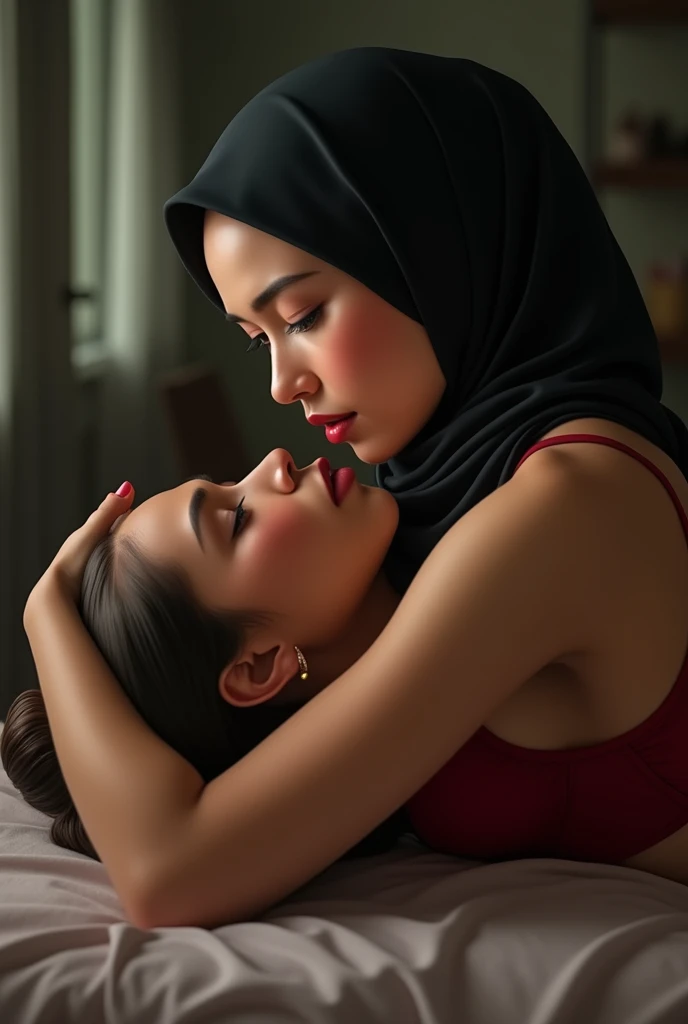 beautiful 35 yo indonesian hijab teacher wearing glass,black bra,medium breast,pale eyes,laying on the table,hug from.behind by a 20 yo woman medium tit,,short hair,wearing red lingerie,laying down on her