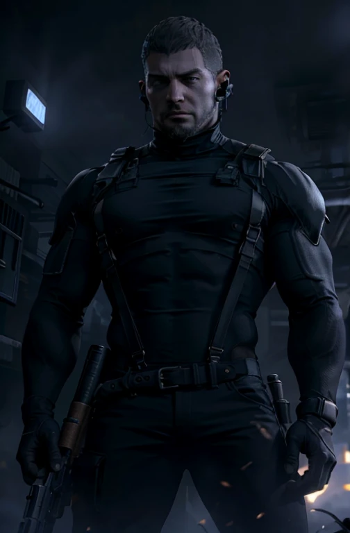 Dark gothic village in the background, old Chris Redfield from Resident Evil 8, 4, muscular male, tall and hunk, biceps, abs, chest, black cold turtleneck, black trousers, suspenders, earpiece, belt, thick beard, holding an assault rifle, cold face, video games style, high resolution:1.2, best quality, masterpiece, dark nightime, dark atmosphere, volumetric lighting, shadow, upper body shot