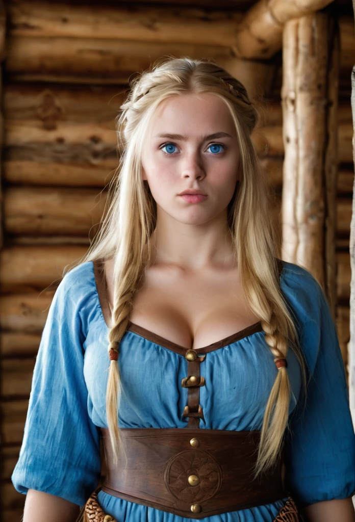 Front view, viking girl,12th century,  Sweden Young girl, beautiful female, 1, (Very detailed face, ordinary eyes, blue eye,colossal breasts full golden hair, Stripe, Motley eyes, Fuller lips, small lips), (medium breasts, whist delgado, middle hip),((Sexy revealing super low cut dress, Not fit for work)) ,(viking costume, CLOTHES), standing posture, in a wooden house,close your face,4K Portrait,HD,