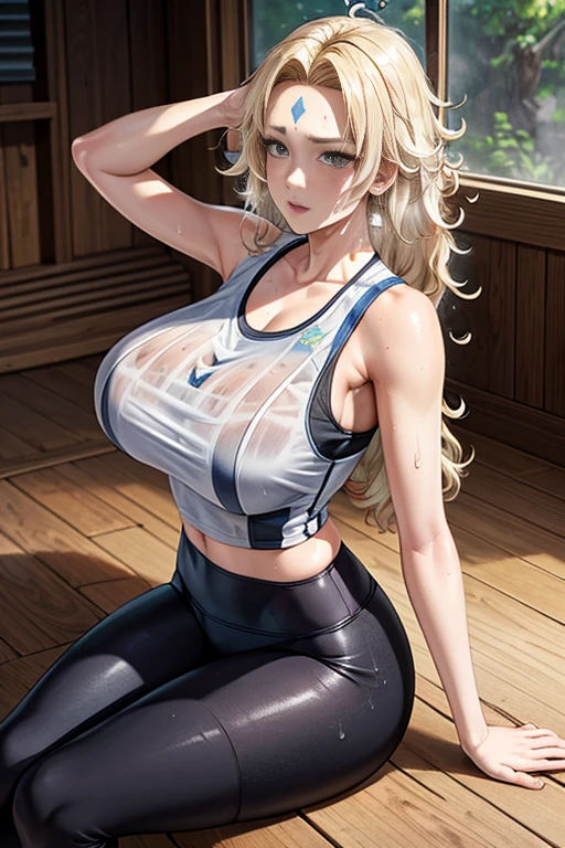 masterpiece, Highest quality,  (Unreal Engine), reality, Super Resolution,  Very detailed, Complex, colorful, Clear images, Sharp focus, Digital Blending, 

One Woman, Senju Tsunade, Tsunade, Forehead mark, Long straight blonde hair, Big Breasts, Saggy breasts, Butt, Perfect Eyes, Perfect Face, Ultra detailed hair, Ultra detailed face, Very detailed lips, Vivid expression, Healthy Body, Beautifully detailed sweat glands, Smooth skin texture, Carefully drawn,

((humidity:1.8), Sticky with sweat), (Wear a tight yoga suit, Bold and sexy yoga poses ,Hot Yoga, Sweat makes yoga suits transparent.),  

indoor, Hot Yogaスタジオ, (Shot on Sony α9, Dynamic Angle), Browsing Caution, 