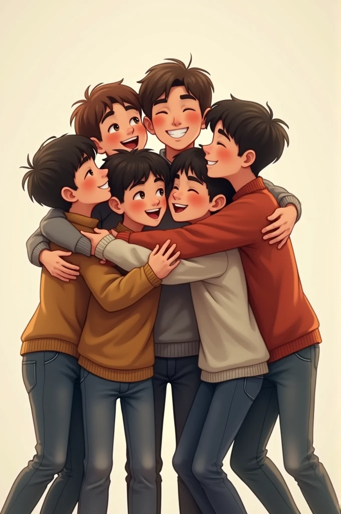 4 black haired boys, skin fair, slanted eyes, hugging
