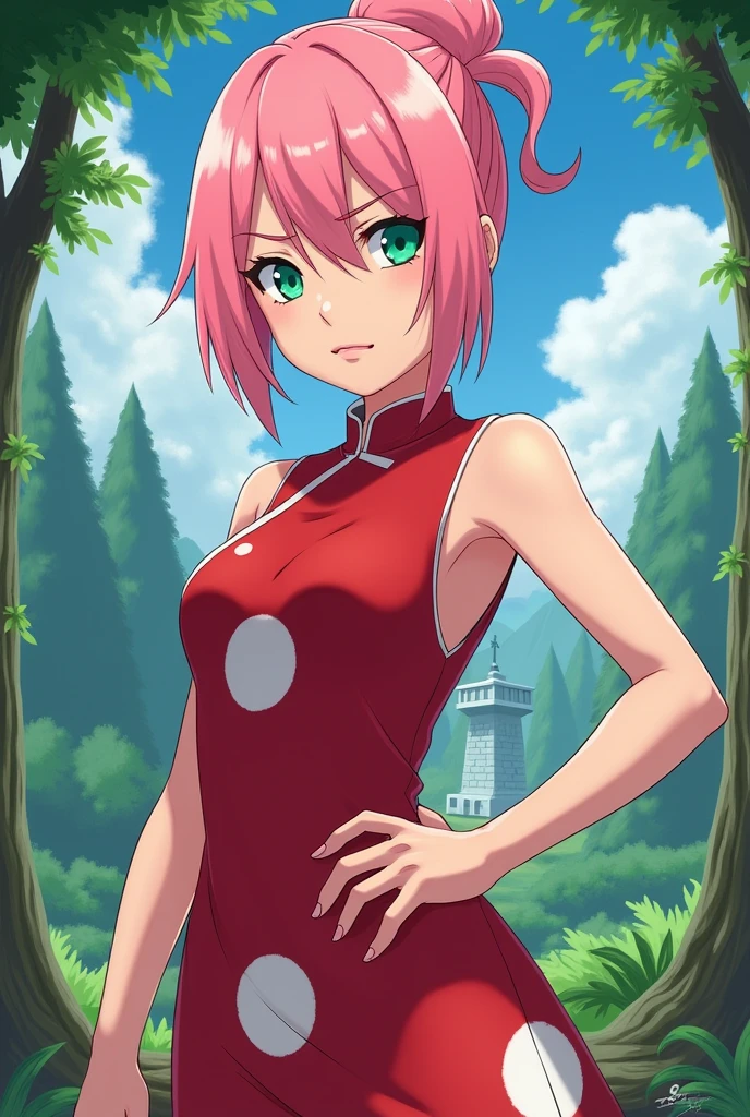 masterpiece, best quality,sharpness,absurdres ,1girl, haruno sakura,forehead mark, red hairband,sleveless red dress, bracelet, looking at viewer, (arms behind head:1.1), smile,, middle large breasts,standing in a garden,arms behind back,closeup,only upperbody