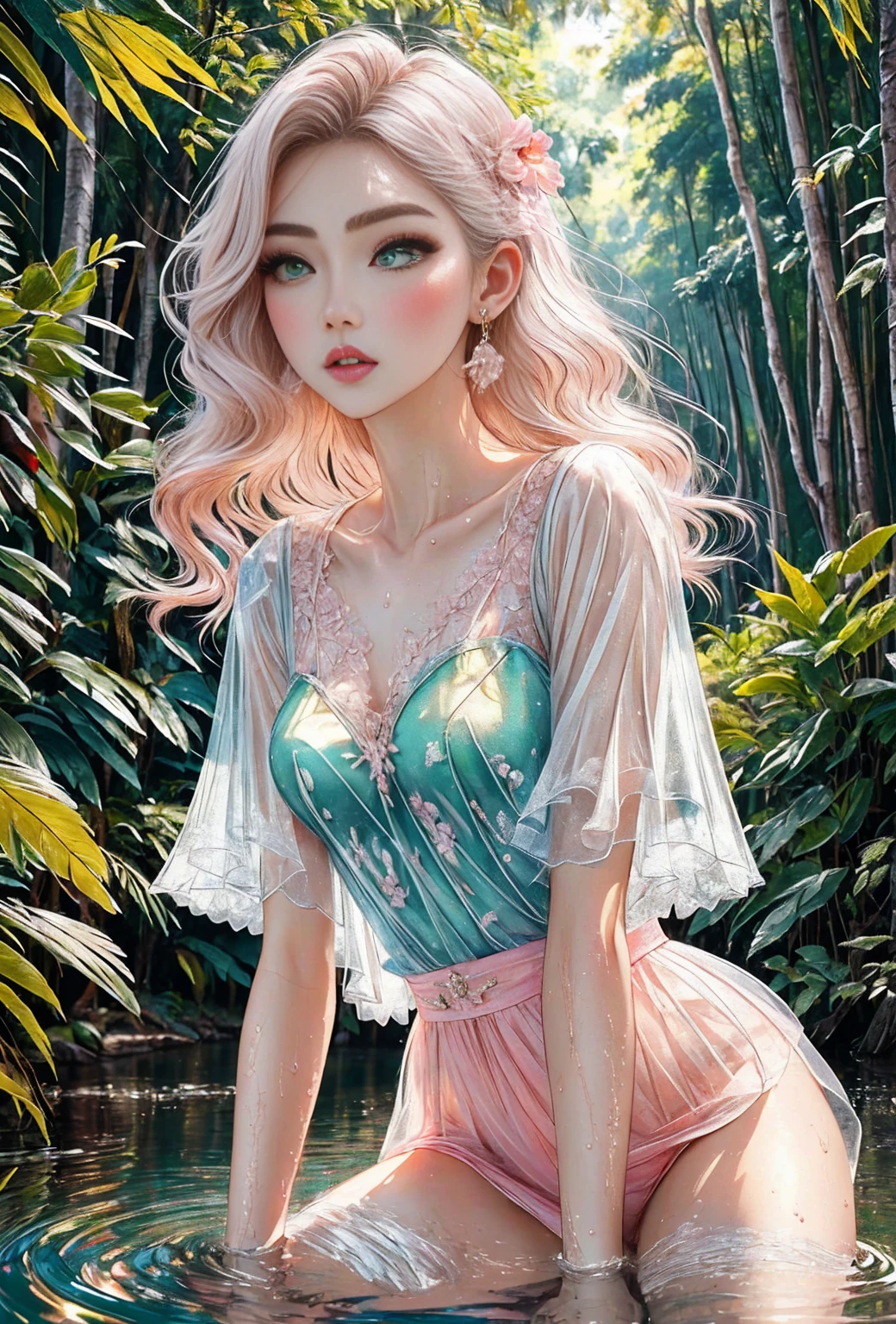 (1 woman, Beautiful and delicate green eyes, beautiful and delicate lips, very detailed 얼굴, long eyelashes), Elegant slender shoulders, delicate sexy collarbone, Fascinating goose egg face, double eyelid, smart peach blossom eyes, pink lips, small upturned nose, Ultra HD, very detailed, whole body, A very thin and transparent pink oversized loose t-shirt., white thighs, beautiful long legs, In a clear and clean stream deep in the forest, white blonde hair, perfect proportions, best quality, masterpiece, Realistic illustrations, Detailed background expression, realistic water surface,