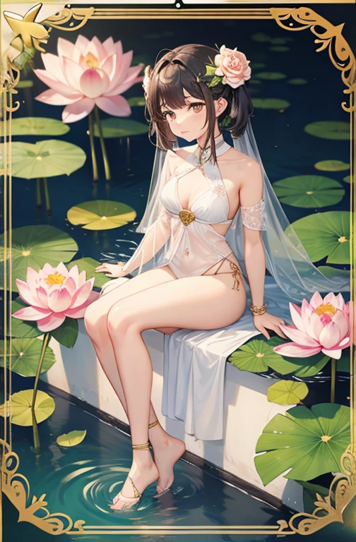 (Background with:ponds,cherry blossom forest,lotus flower)Lie underwater, She has short black hair,seen from the front,, The sky is mostly cloudy,(((tmasterpiece),(Very detailed CG unified 8k wallpaper),Best quality,light,detailed back ground,Beautiful and delicate eyes,Bright pupils,黑The eye,Snow-whiteskin,Redlip(Very delicate and beautiful),(Beautiful and detailed eyes description),ultra - detailed,tmasterpiece,))facing at the camera,A high resolution,ultra - detailed),Expose breasts exposed,Bare genitals, Convex,legs are open,Raised sexy,Camel toes,longing unsatisfied,street frontage,(dressed in:,Sheer Maid Clothes。Simple ,aprons)