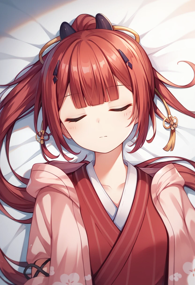 ((masterpiece)), ((Highest quality)), ((High resolution)), ((Highly detailed CG Unity 8k wallpaper)), alone,  Shiki Kamiyama, ponytail, Pink jacket, Red kimono, Sleeping on white sheets