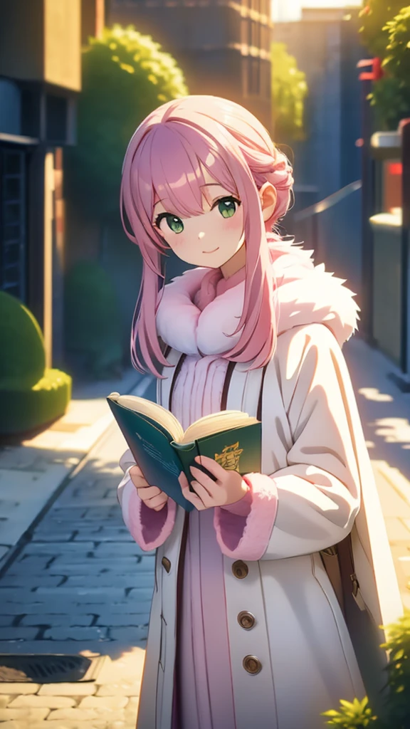 standing, reading a book, long straight pink hair, white long coat with a fur collar, holding a book, outdoor, city street environment, stylized urban scenery, natural lighting, soft shadows, calm and contemplative atmosphere, front view, detailed illustration with clear lines and pastel color palette
Extend
Download
