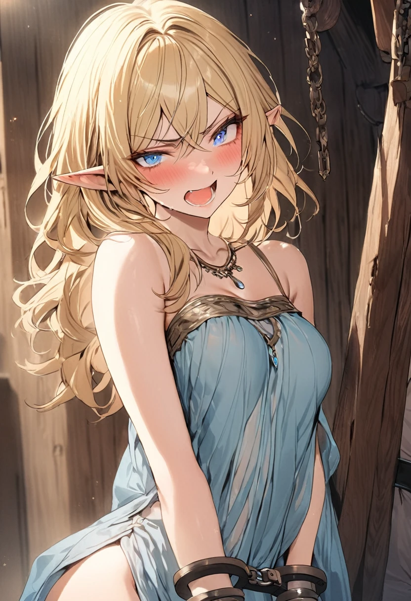 ((Highest quality)), ((masterpiece)), (detailed), (One woman), Sexy, height１５５Senche Elf, A shabby tunic, Sold on the slave market, Wooden shackles, Glowing Skin, Glare with slanted eyes, Angry, Blonde hair and blue eyes