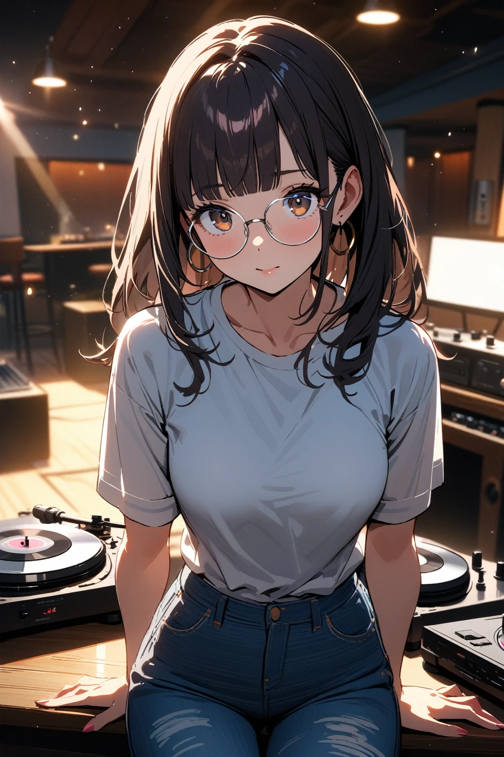 1 girl, smile, (((yellow glasses:1.3))), (headphone:1.2), shiny hair, black short hair, blunt bangs, shirt, skirt, (small) chiralism, Japan high school , seravuk, summer clothes, squall-wet uniform, sheer bra, (portrait from knee up),