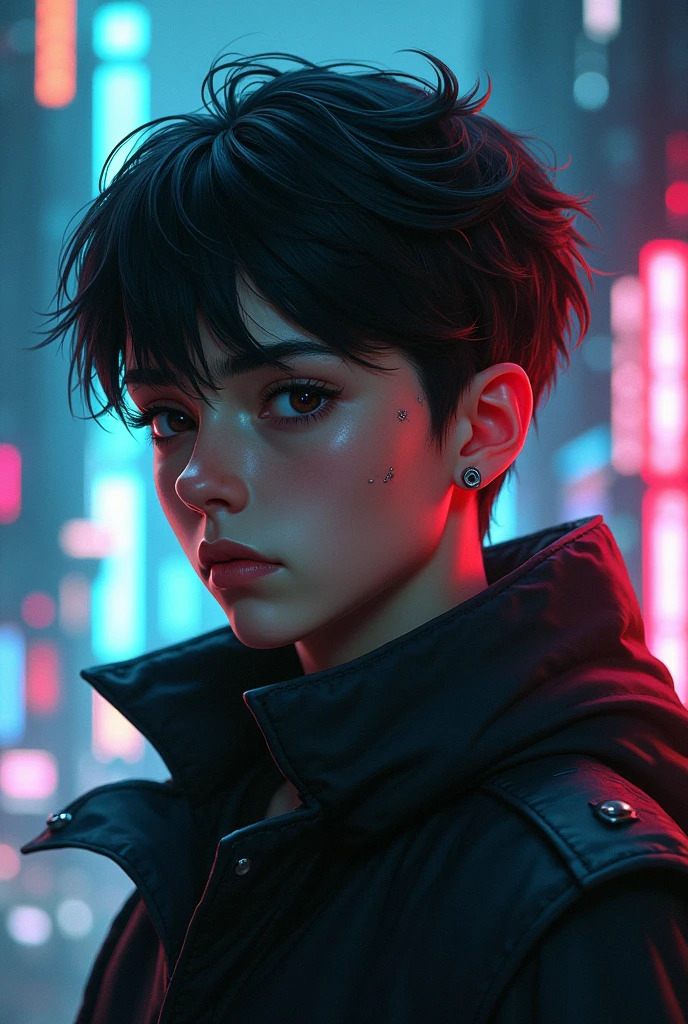 anime, a 19 yo twink boy, dark make up, girly look, short haired, Emo, realistic --auto --s2