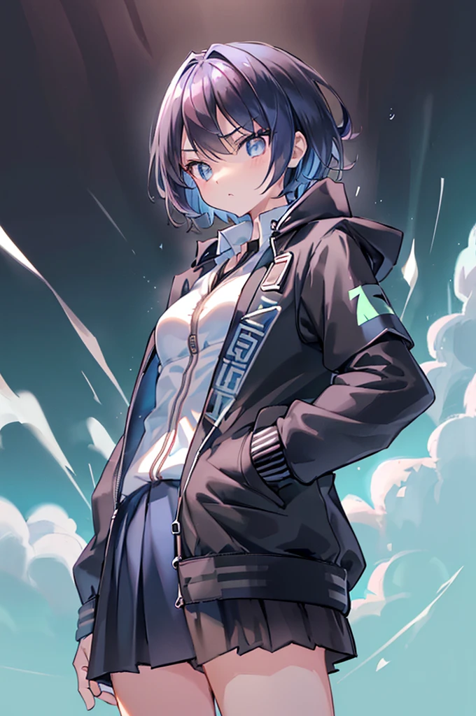 1girl, short brown hair, blue eyes, wearing white hoodie, black skirt, city, night, high res, ultrasharp, 8K, masterpiece,