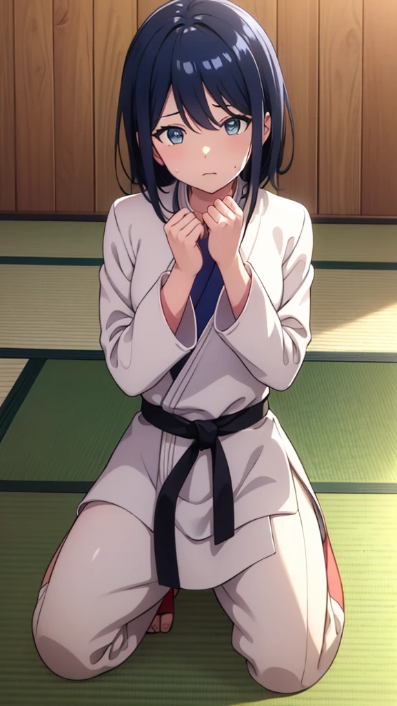 ((masterpiece, Highest quality, Very detailed, Very nice 8K CG wallpaper)), , A little thick, Medium Hair, Navy Blue Hair, short hair, Dark blue eyes,judo player、長袖judo着、Large bust、ロングjudoパンツ、judo、Cute expression、Inside the judo Gymnasium、、On the tatami、discovery、One Girl、whole body、rest、Hoshino Ichika、Bust Size D Cup、Sweating