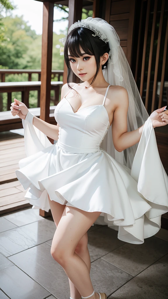 New Tengu, wearing short white wedding dress, beautiful defined legs 