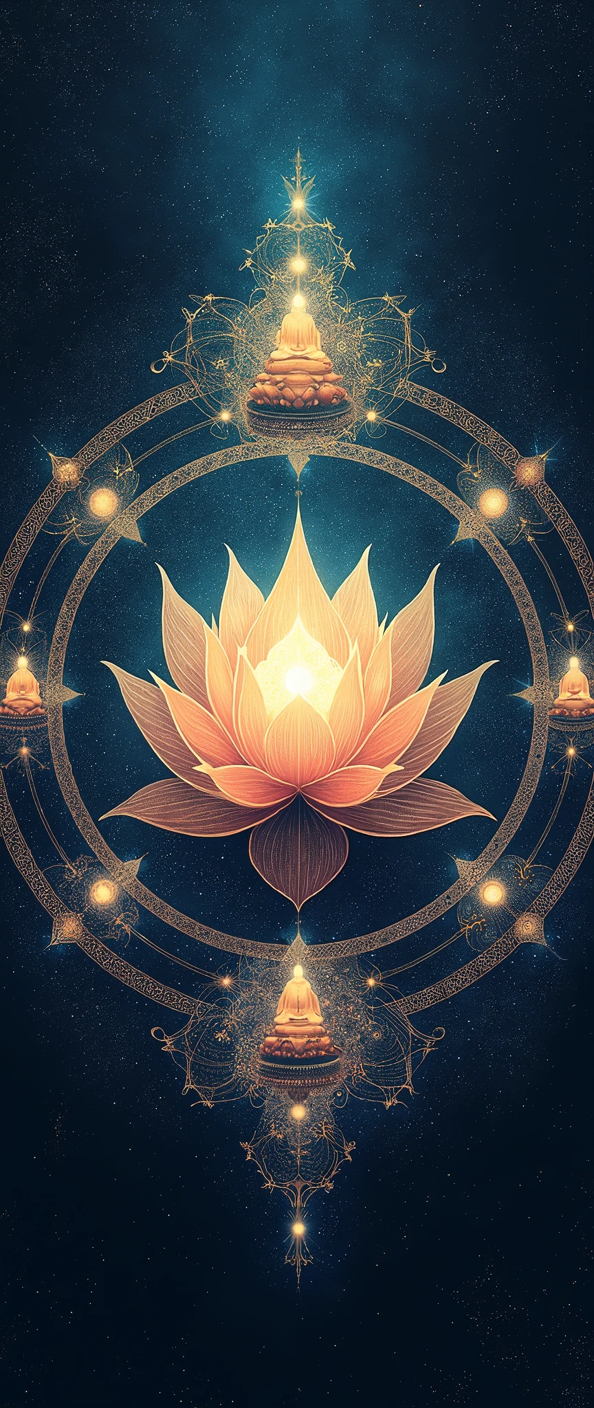 A mandala in the shape of lotus flower representing the universe, very delicate line, fractal, symmetry, there are many Buddhas around lotus, glowing in the dark