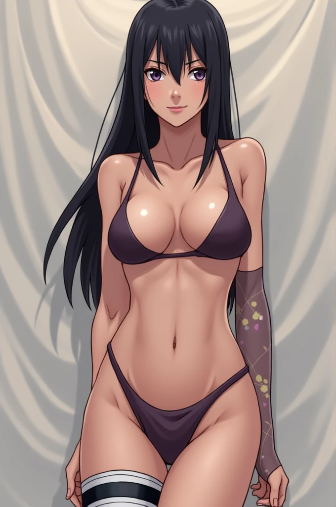 Japanese woman in her 20s with very large breasts wearing a micro bikini.

 Please draw her in the style of 90's Japanese anime, with colors.