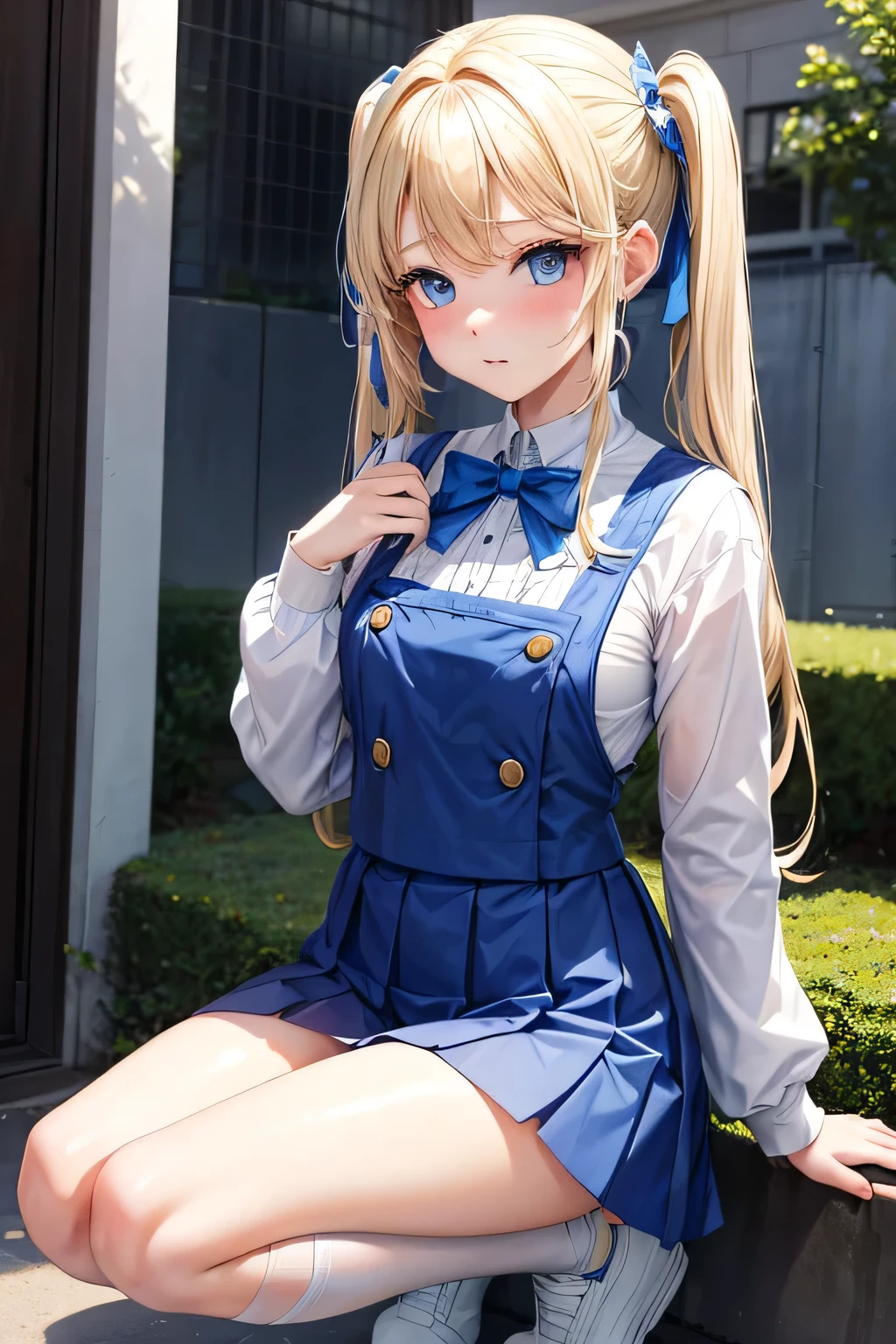 (masterpiece:1.2), (highest quality:1.2), Curvy but slender body, perfect eyes, perfect face, perfect lighting, 1 girl, long hair, curly hair, fine clothes, detailed outdoor background, compensate, eye shadow, thick eyelashes, fantasy, (maid)、whole body,alice in wonderland、Bright and beautiful face、young shiny glossy white shiny skin、the best beauty、the most beautiful bright blonde hair in the world、thin hair、super long straight hair、Shining beautiful bangs、Shining crystal clear big blue eyes、Very beautiful lovely 17 year old most beautiful girl in the world、big and full breasts、((She shyly lifts her skirt to show her panties、I'm inviting you to have sex))