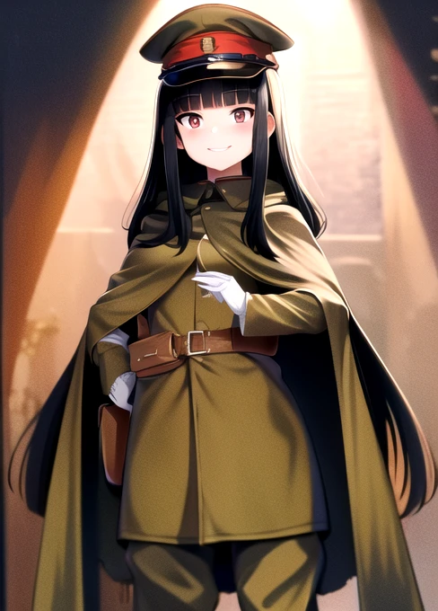 masterpiece, best quality, absurdres, high resolution, extremely detailed, 1girl, solo, ((IJA Taisho, khaki uniform, IJA officer,)), IJA peaked cap,cloak,black long boots, small breasts, cape, long cape, narrow waist, black hair, long hair, hime cut, blunt bangs, red eyes, smile, white gloves, holster, khaki pants, leather belt pouch, night sky,