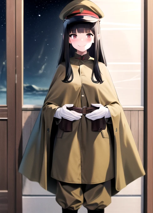 masterpiece, best quality, absurdres, high resolution, extremely detailed, 1girl, solo, ((IJA Taisho, khaki uniform, IJA officer,)), IJA peaked cap,cloak,black long boots, small breasts, cape, long cape, narrow waist, black hair, long hair, hime cut, blunt bangs, red eyes, smile, white gloves, holster, khaki pants, leather belt pouch, night sky,