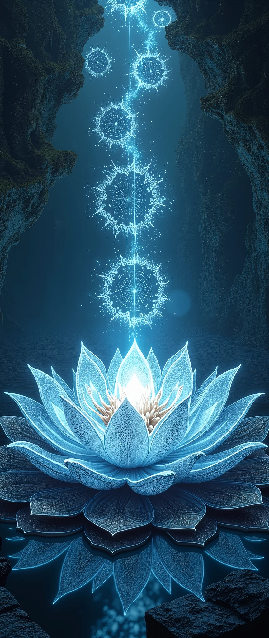 A mandala in the shape of lotus flower representing the universe, very delicate line, fractal, symmetry, there are many Buddhas around lotus, glowing in the dark