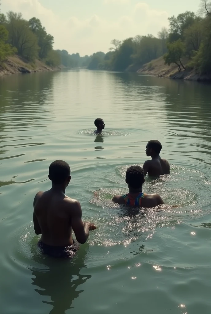 Teenage African men playing in the river without any clothes 