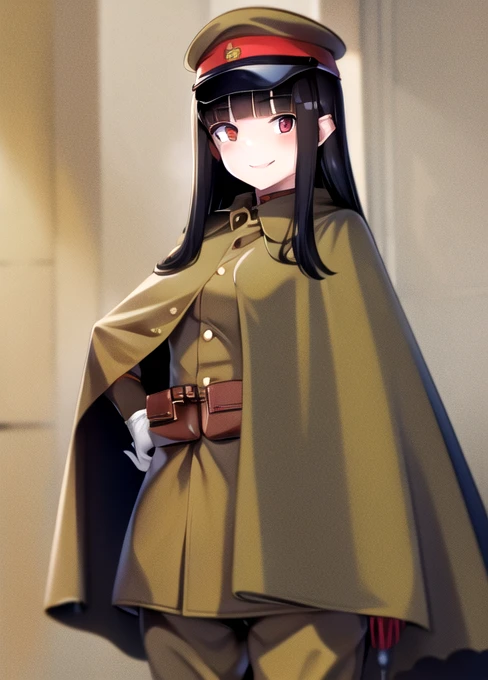 masterpiece, best quality, absurdres, high resolution, extremely detailed, 1girl, solo, ((IJA Taisho, khaki uniform, IJA officer,)), IJA peaked cap,cloak,black long boots, small breasts, cape, long cape, narrow waist, black hair, long hair, hime cut, blunt bangs, red eyes, smile, white gloves, holster, khaki pants, leather belt pouch, night sky,