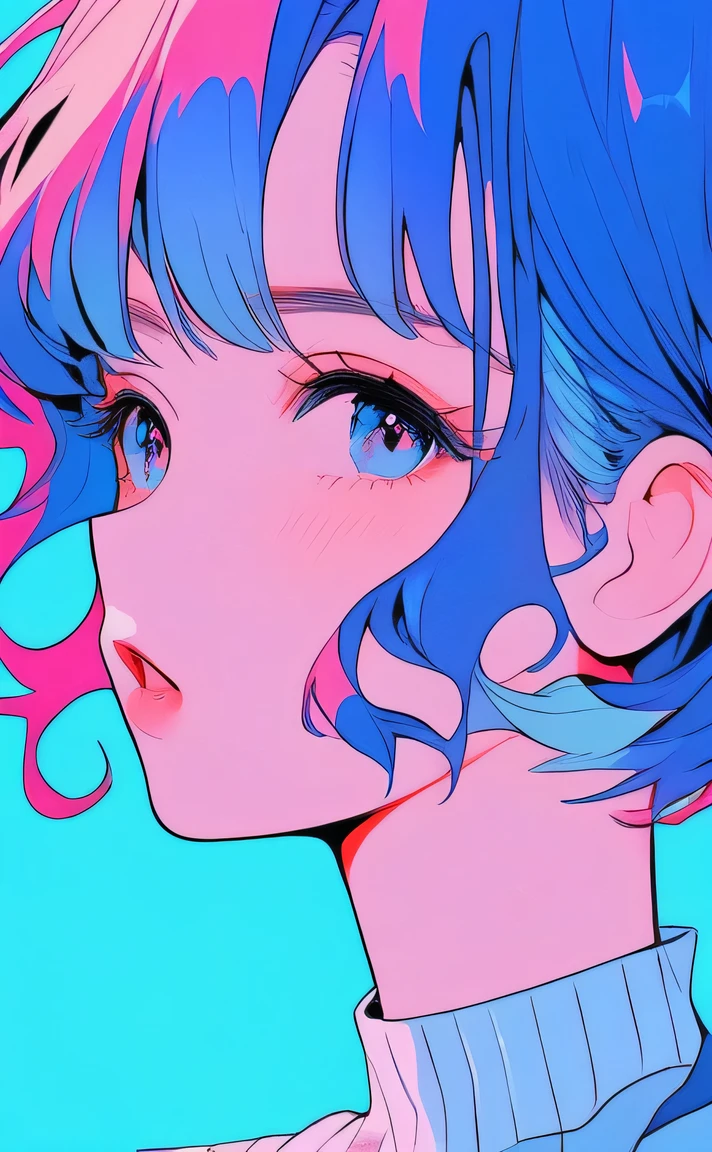 Illustrator, Anime , Realistic ,sketch , 1girl in, ,lip, order, Blue gradient background, Neon Hair,textured crop, (masutepiece,Best Quality)