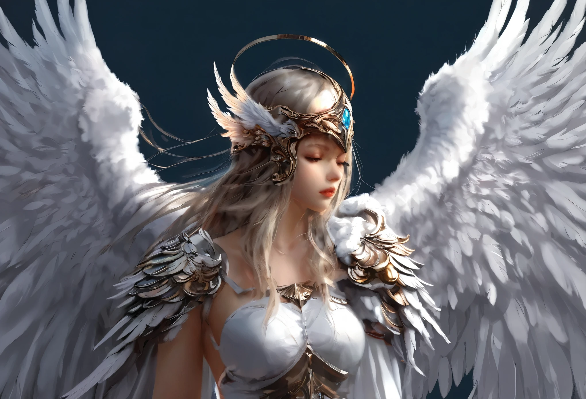 1girl angel Winged helmet mask angel_wings armor feathers_Long wing feathers_Hair Shoulder Armor Shoulder_Armor single piece_Wing separate upper part_The body is white_Theme White_Wings Wings