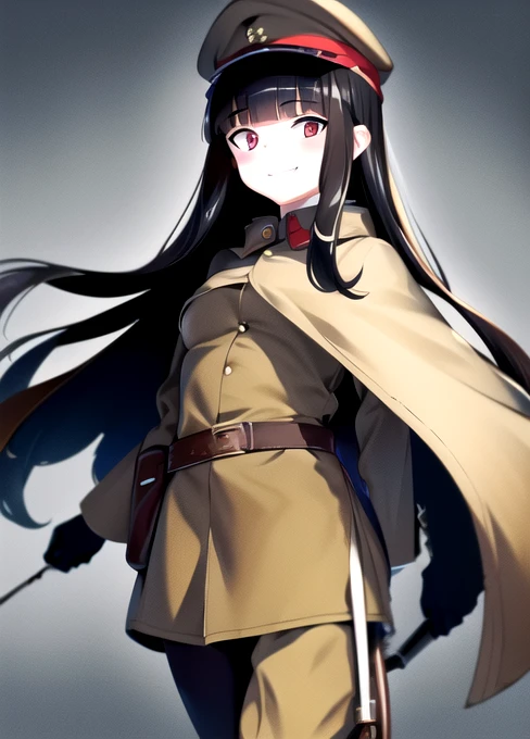 masterpiece, best quality, absurdres, high resolution, extremely detailed, 1girl, solo, ((IJA Taisho, khaki uniform, IJA officer,)), IJA peaked cap,black long boots, small breasts, cape, long cape, narrow waist, black hair, long hair, hime cut, blunt bangs, red eyes, smile, white gloves, holster, khaki pants, leather belt pouch, night sky,