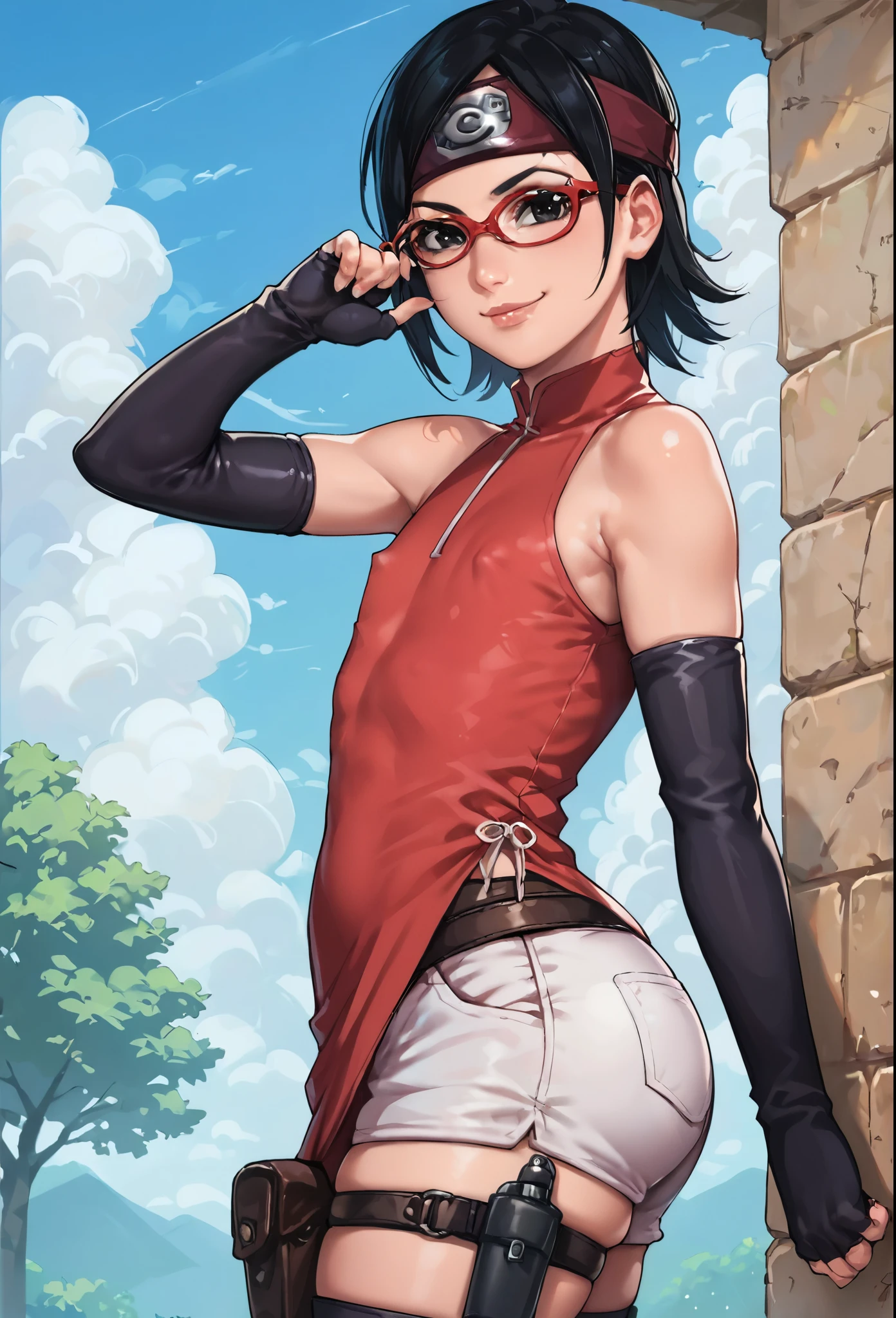 score_9_up, score_8_up, score_7_up, score_6_up, score_5_up, score_4_up, ,zPDXL2, solo, rating_safe, perfect face, perfect eyes, BBC_Chan Style, Sarada Uchiha, solo, 1girl, black hair, short hair, red-framed eyewear, headband, glasses, black eyes,red dress, sleeveless, elbow gloves, black gloves, fingerless gloves, white shorts, black thighhighs, thigh holster, large round butt ,konohagakure village pathway, flat chest,full lips, very wide hips, thick thighs, (cheeky_smirk:1.3), nipple bulge, (frontal/side view),