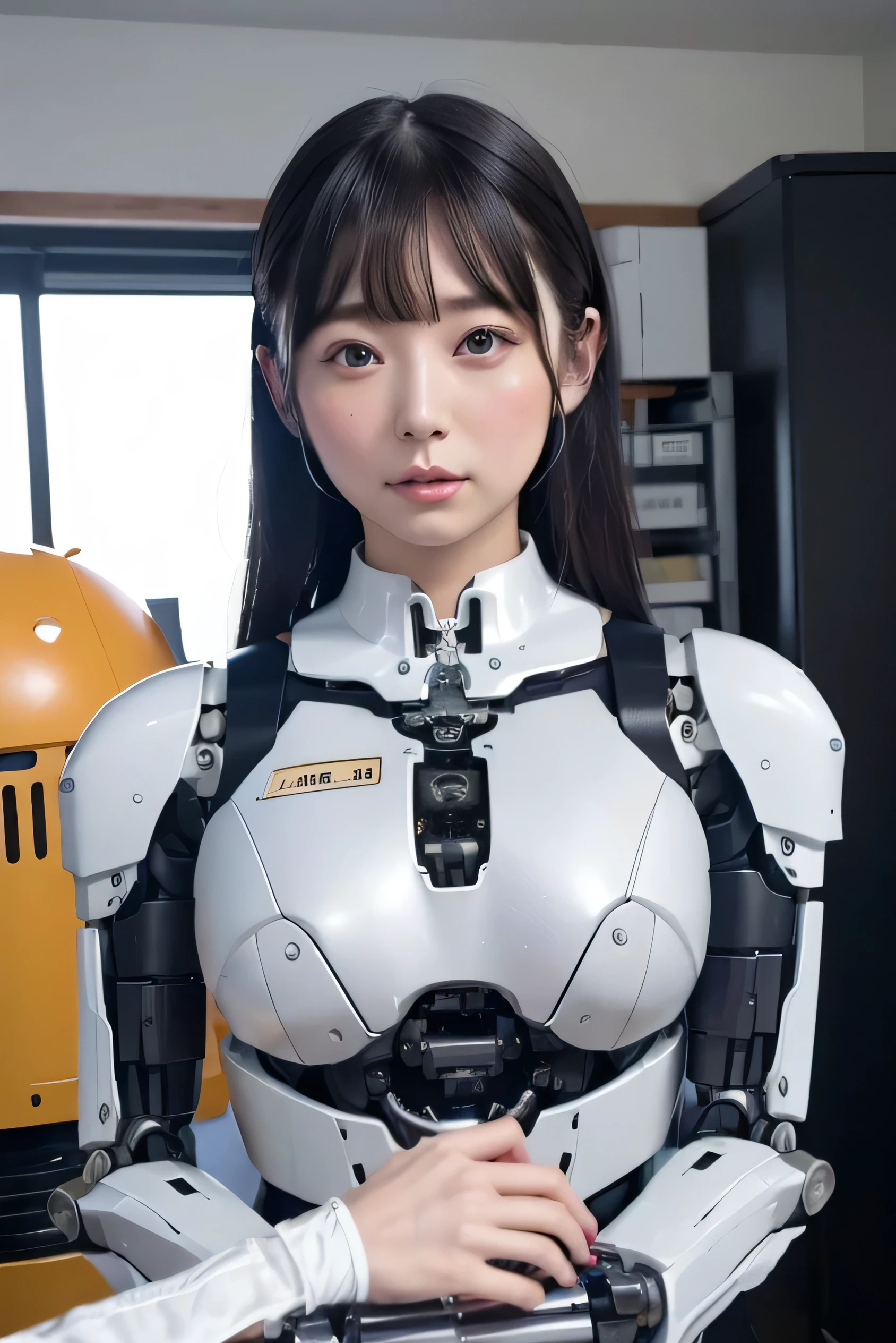 Japanese woman in a white robot suit,Black rubber joints,Plump,