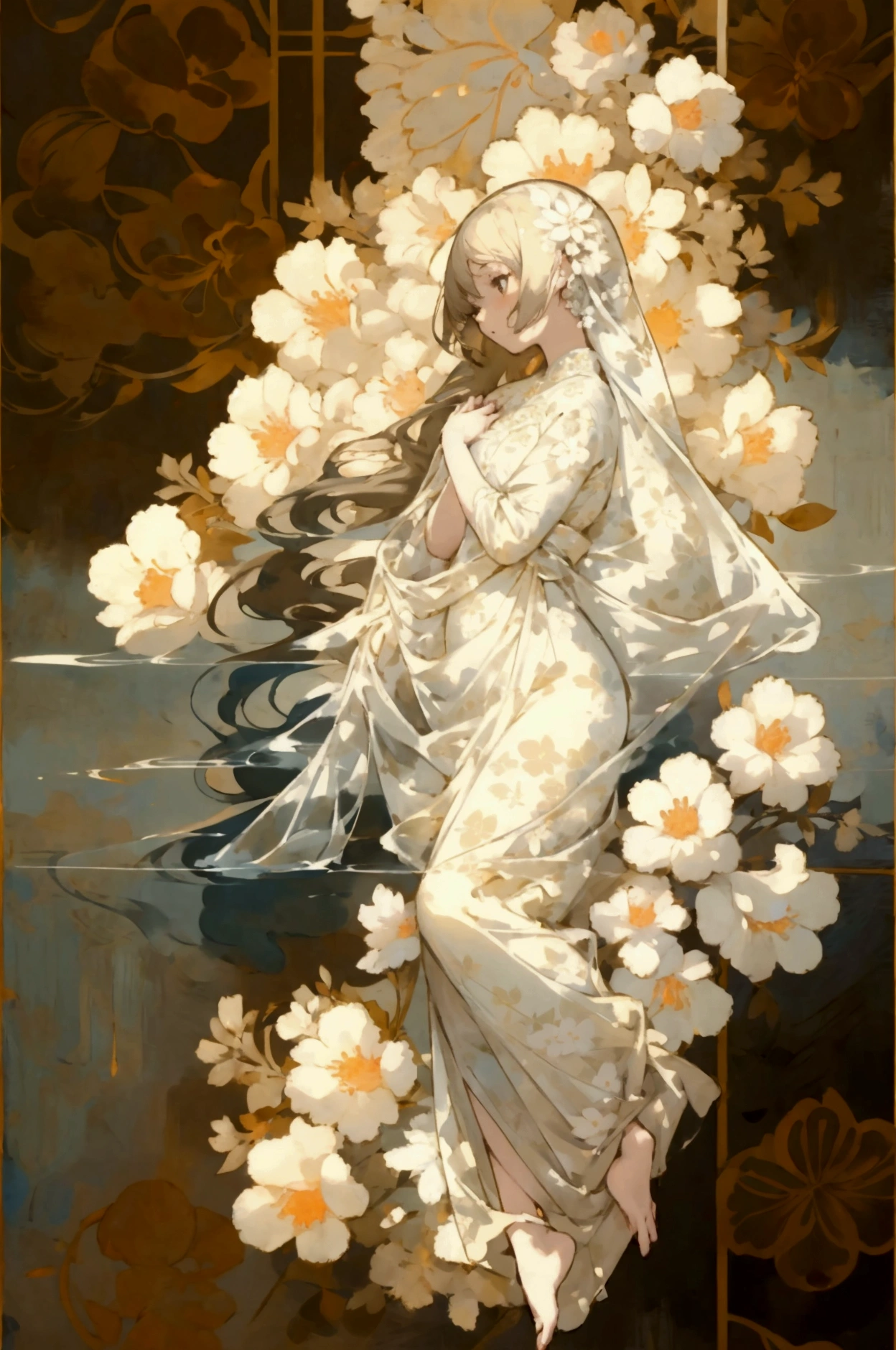 Illustration anime style, Glazing Techniques, (Girl&#39;s whole body, Wrapped in delicate light and shade, Floral motifs are detailed with clear lines., Latest artwork, There is depth to the painting)