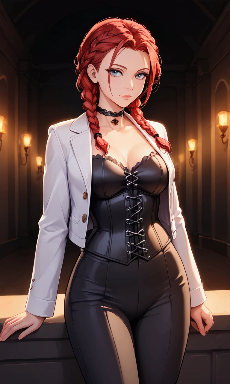 1 girl, portrait of beautiful lobapex, athletic, White jacket, corset, Skirt, pants, black fur, Red hair, braids, make up, choker, neckline, Wide hips, volumetric lighting, Best Quality, masterpiece, intricate details, tone mapping, sharp focus, hyper detailed, trend in artstation, realist  