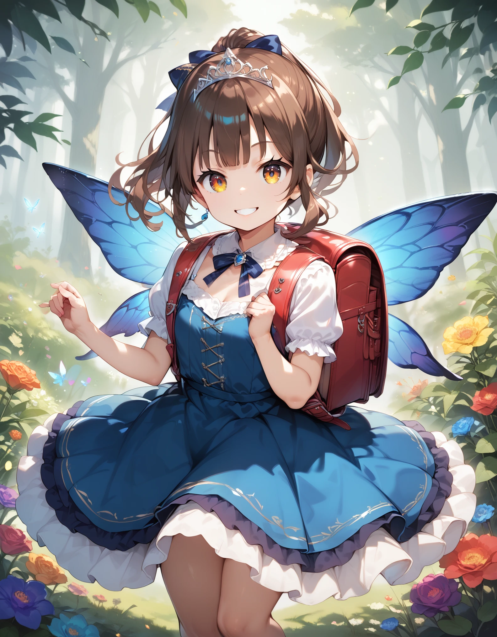 Masterpiece, hd, realistic, 1girl, 16 y.o, high school girl, brown hair, ponytail, hair ribbon, beautiful girl, smiling, regal, (fairy dress),****ta dress, vibrant, vivid, (bows), brown hair, ponytail, wearing Tiara, costumes, wearing school backpack, red backpack, wearing randoseru backpack, flying, outdoor, have wings, a girl has wings