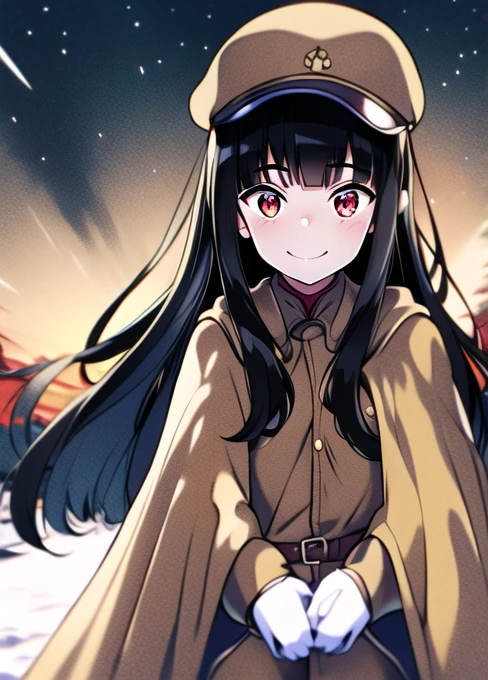 masterpiece, best quality, absurdres, high resolution, extremely detailed, 1girl, solo, ((IJA Taisho, khaki uniform, IJA officer,)), IJA peaked cap,black long boots, small breasts, cape, long cape, narrow waist, black hair, long hair, hime cut, blunt bangs, red eyes, smile, white gloves, holster, khaki pants, leather belt pouch, night sky,