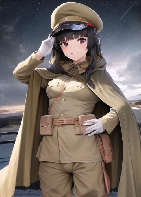 masterpiece, best quality, absurdres, high resolution, extremely detailed, 1girl, solo, ((IJA Taisho, khaki uniform, IJA officer,)), IJA peaked cap,black long boots, small breasts, cape, long cape, narrow waist, black hair, long hair, hime cut, blunt bangs, red eyes, smile, white gloves, holster, khaki pants, leather belt pouch, night sky,