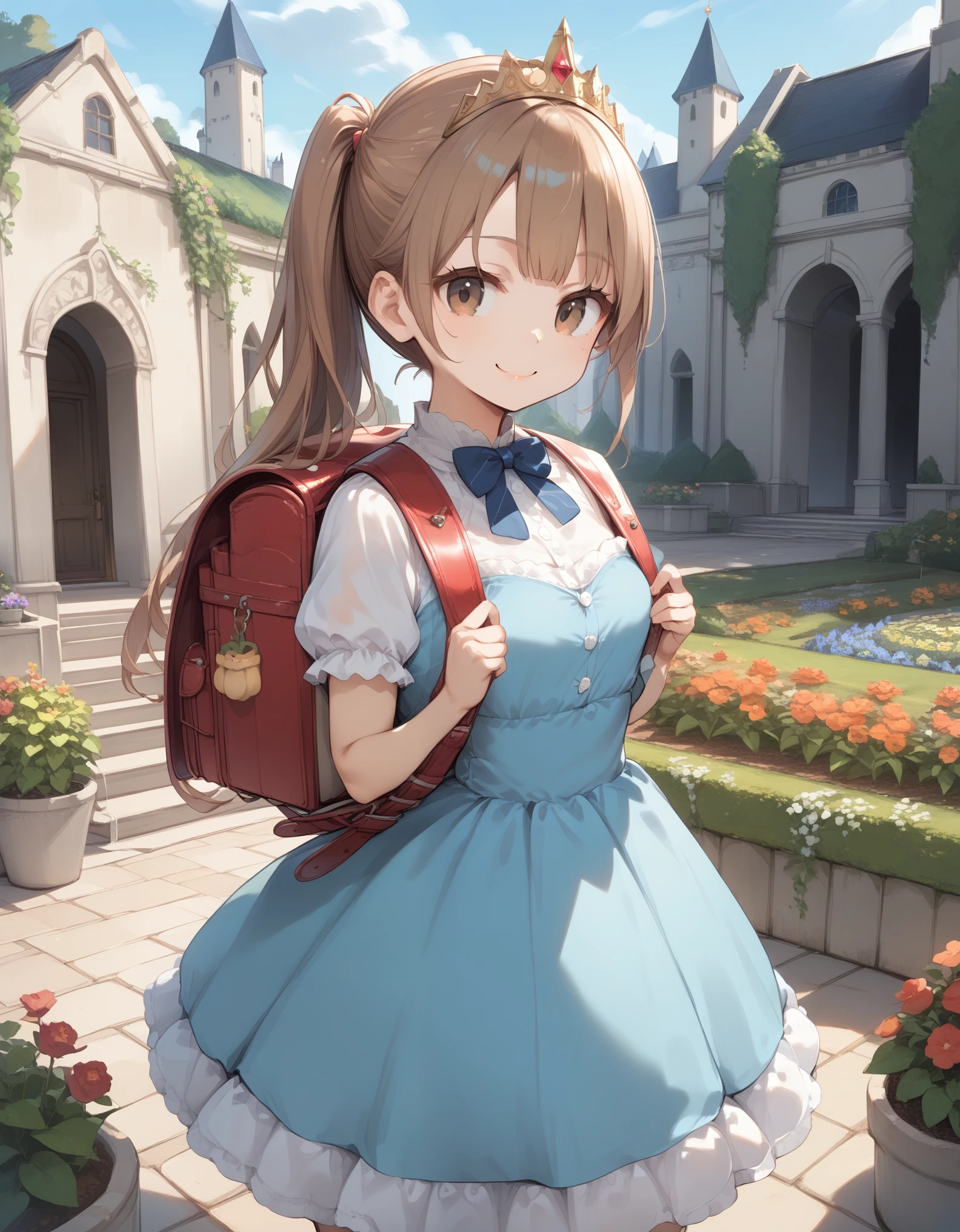 masterpiece, best quality, highres, 1girl, long hair, one side up, solo, ponytail,brown hair, masterpiece, best quality, highres, 1girl, , solo, brown hair, short hair, brown eyes, mole under eye, cowboy shot,, princess dress, princess Costume,bowtie, smile (princess:1.2), frilled dress, tiara, castle, outdoor, garden, wearing randoseru backpack, (randoseru backpack:1.2), outdoor, day