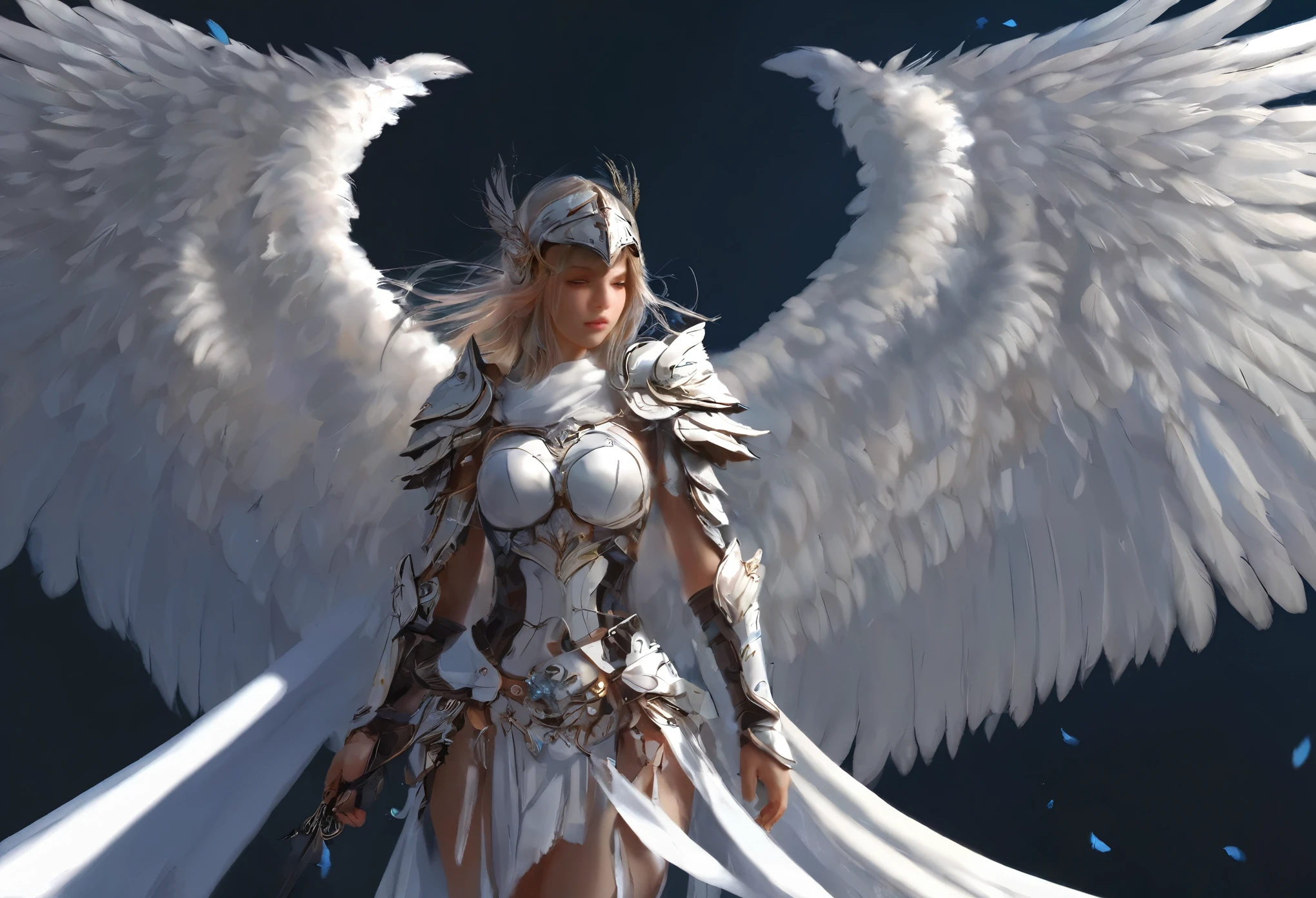 1girl angel Winged helmet mask angel_wings armor feathers_Long wing feathers_Hair Shoulder Armor Shoulder_Armor single piece_Wing separate upper part_The body is white_Theme White_Wings Wings