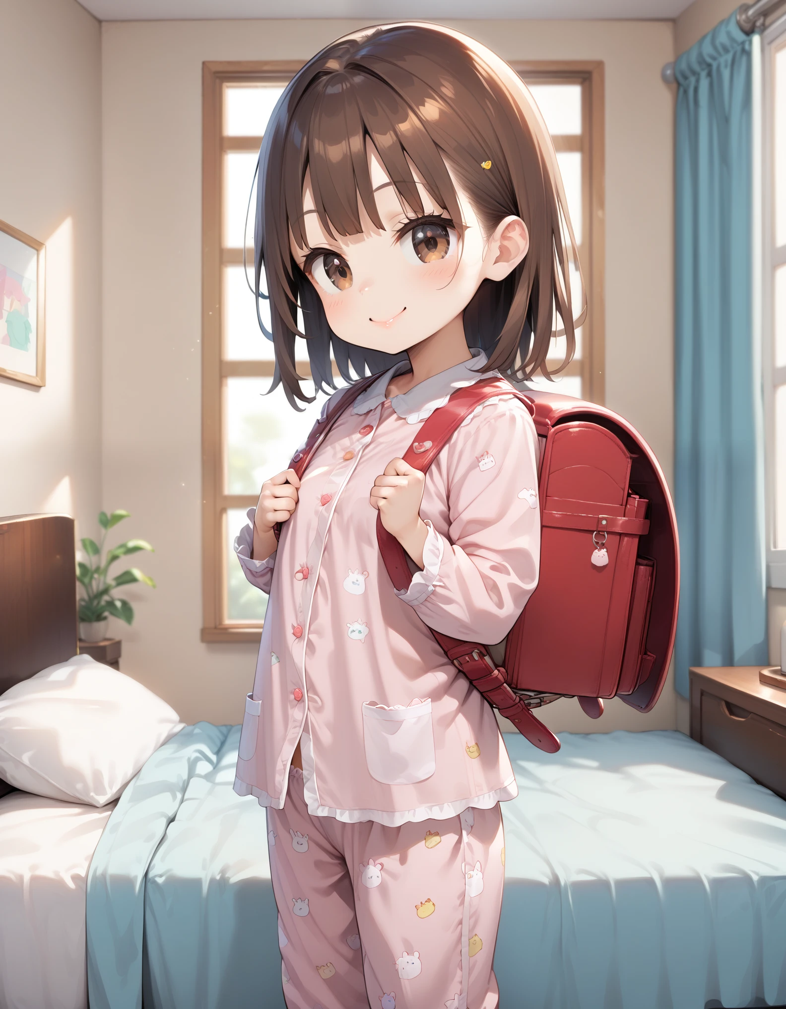 masterpiece, best quality, high resolution, extremely detailed, detailed background, cinematic lighting, 1girl, cute girl, , 6 y.o, young girl 1girl, brown hair, brown eyes, smile, wear pajamas, (pajamas:1.1),pajamas trouser, bedroom, indoor, standing,wearing randoseru backpack, (randoseru backpack:1.2)