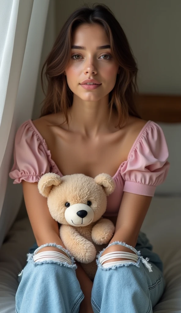 uma jovem de 18 anos, rosto delicado, Pele rosa, olhos verdes, peito grande, muito, sheer pink dress holding a teddy bear, sentado com apena aberta mostrado para camera, deitado na cama com as pernas aberta sorrindo cheio de sangue