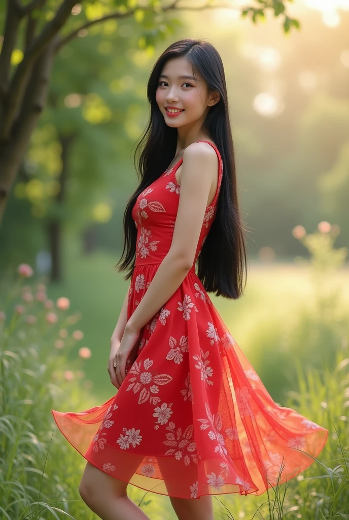 arafed woman with long black hair with deep red highlights, flowing black hair, red high lights, with black hair, photo of a beautiful woman, long flowing black hair, black golden hair, curly black hair, beautiful young asian woman, beautiful asian woman, wild ginger hair, black wispy hair, light black hair, a young asian woman, an asian woman, infp young woman, full body photo of a 24-year-old french girl in RAW UHD format (Brown-eyed woman), Details (textures! , Hair! , glistering, Color!! , imperfections: 1.1), DSLR Lighting, SLR camera, Ultra-Quality, sharpness, Film grain , Fujifilm XT3, Crystal clear, Frame Center, beatiful face, bokeh (lit), day time, (open sky), detailed skin pores, oilly skin, suntan, Complex eye details, beautiful face, smiling:1.3, (wearing a beautiful expensive red dress), walking in the country side, long distance camera, naked legs, red shoes
